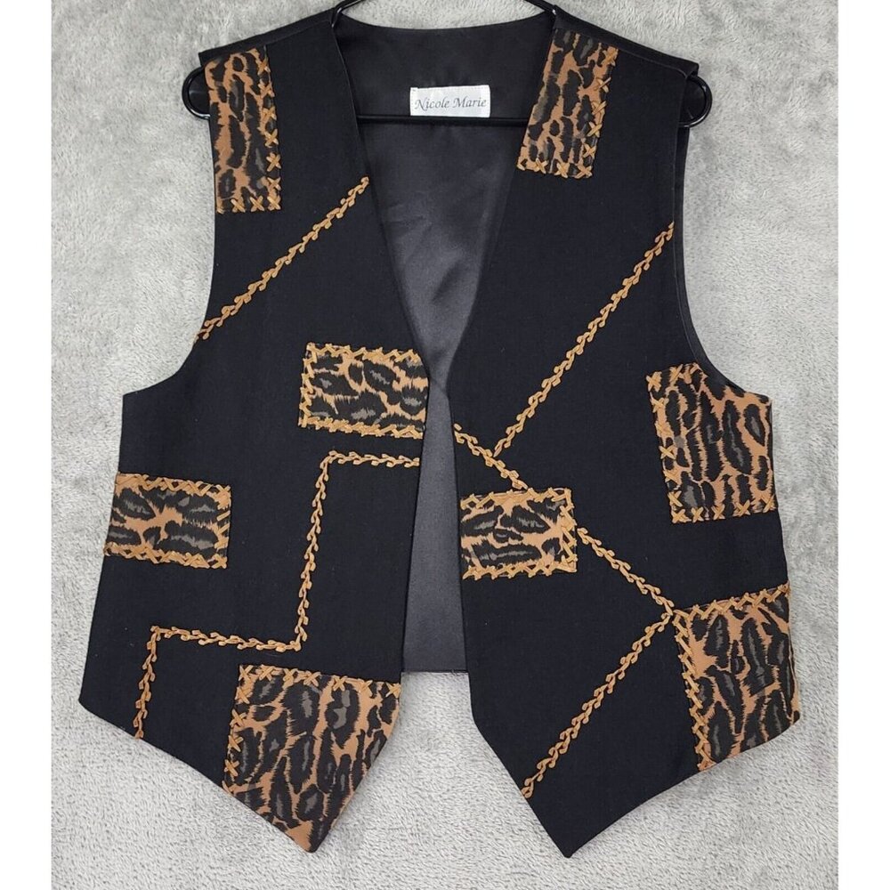 Nicole Marie Vest  Womens Medium Black Leopard Patch Work Open Front Sleeveless